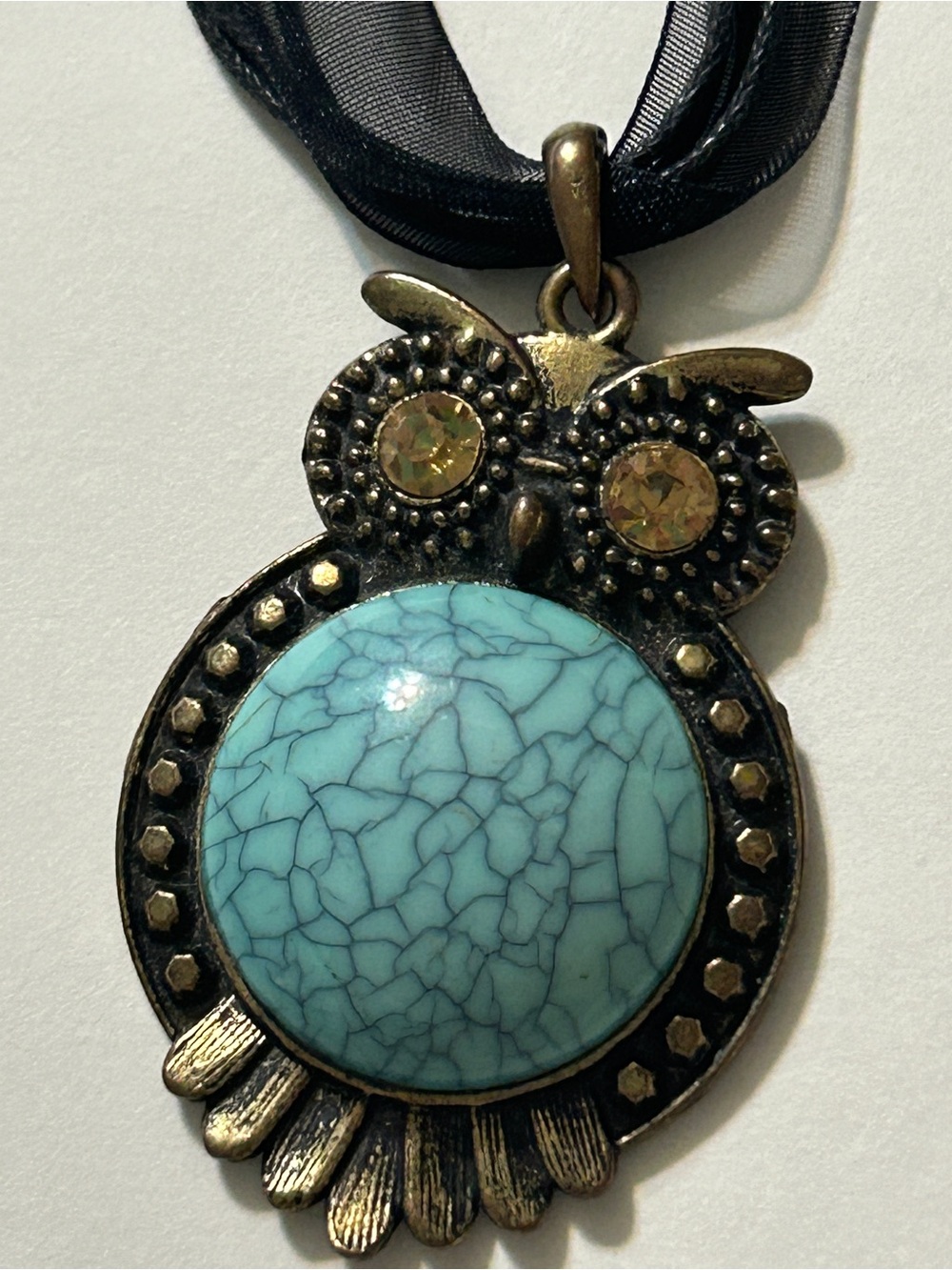 Boho Antiqued Brass Owl Pendant Faux Turquoise Ribbon Multi Strand Necklace